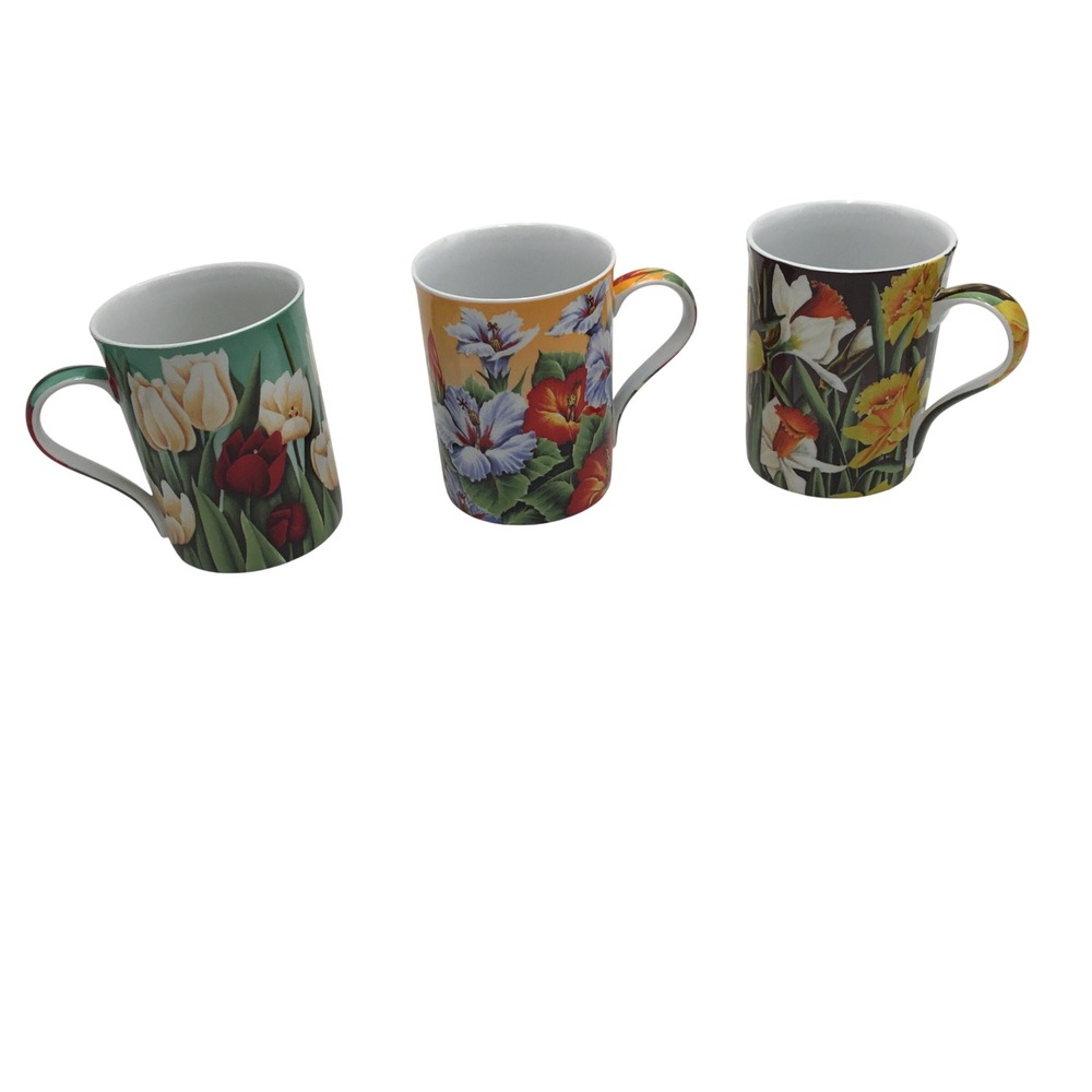 Euland China Fine Porcelain Floral Mugs Set of 3 Tulips Hibiscus Daffodils